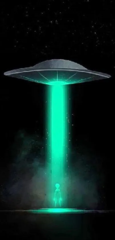 Neon green UFO abducts figure in cosmic night scene.