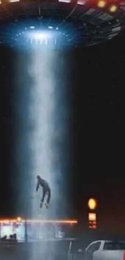 UFO abduction scene with beam and night sky.
