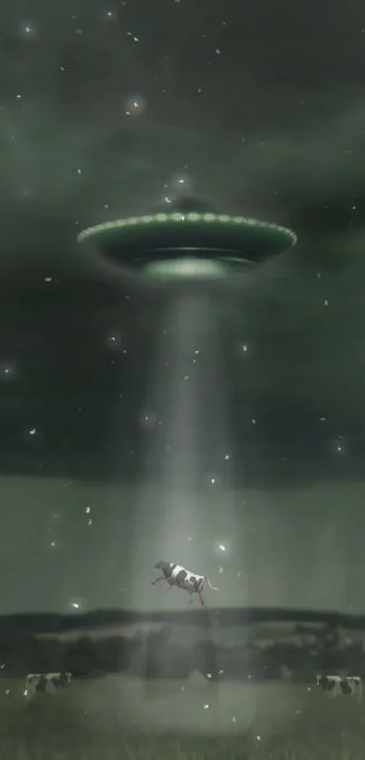 UFO abduction scene with cow at night.