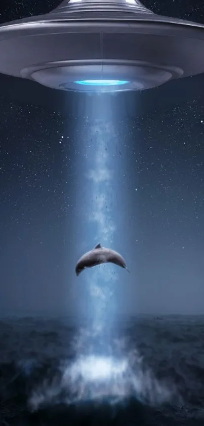 A UFO beams down on a dolphin over the ocean at night.