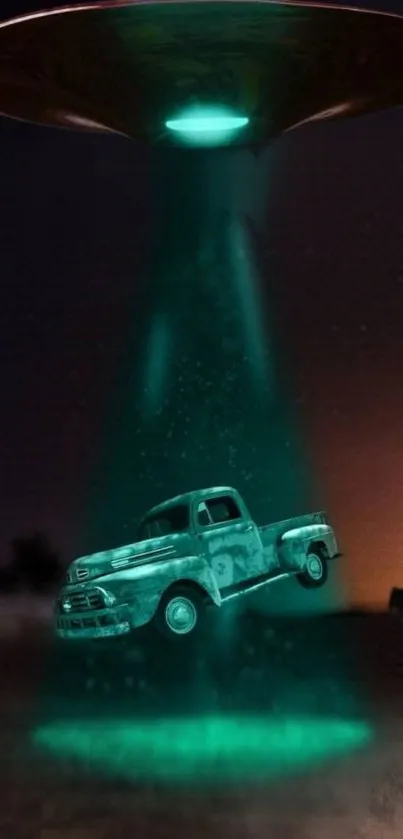 UFO abducts a classic truck with glowing green light beam.