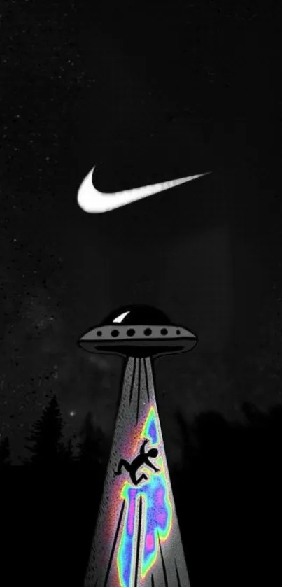 Surreal mobile wallpaper with UFO and cosmic theme in black night sky.