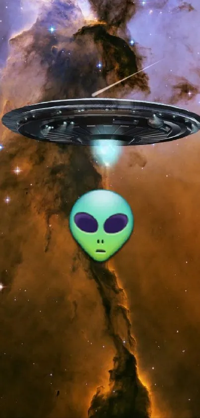 Alien and UFO in a cosmic space scene with vivid orange nebula.