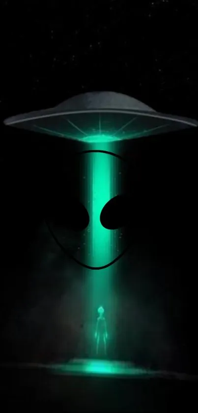 Glowing UFO beam with alien figure on mobile wallpaper.