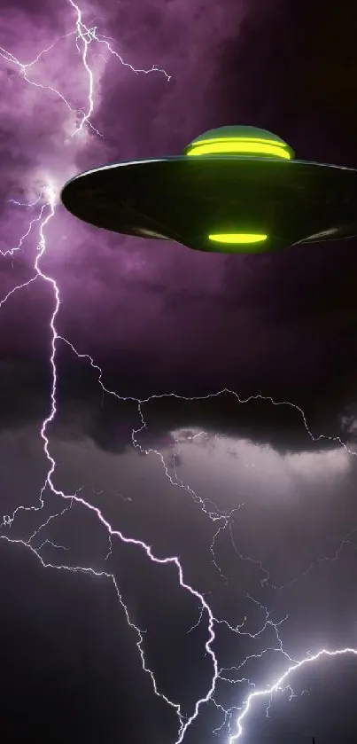 Purple lightning with UFO in night sky background.