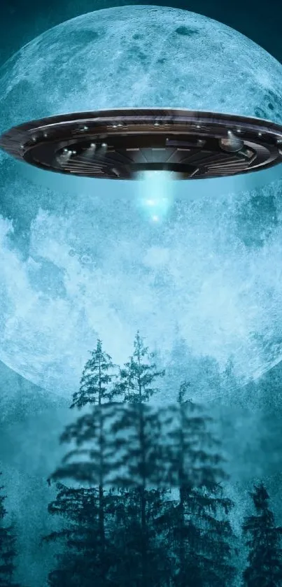 UFO hovering above a moonlit forest under a teal blue sky.