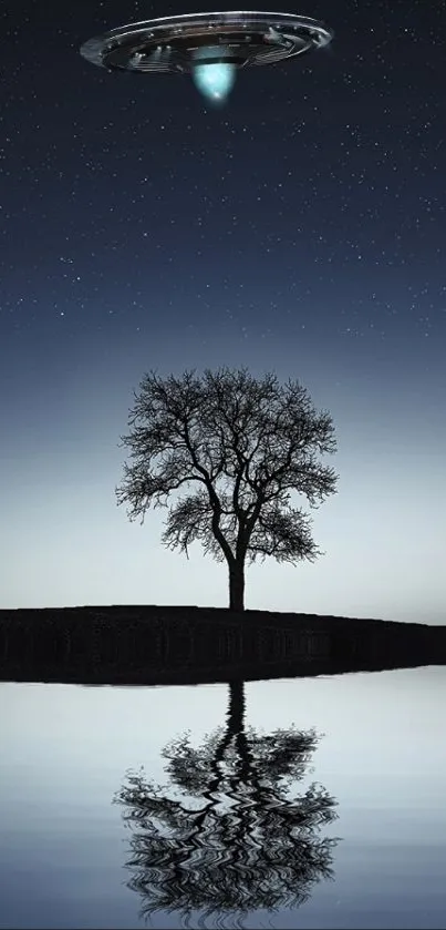 UFO hovering above a tree reflected in a lake at night.