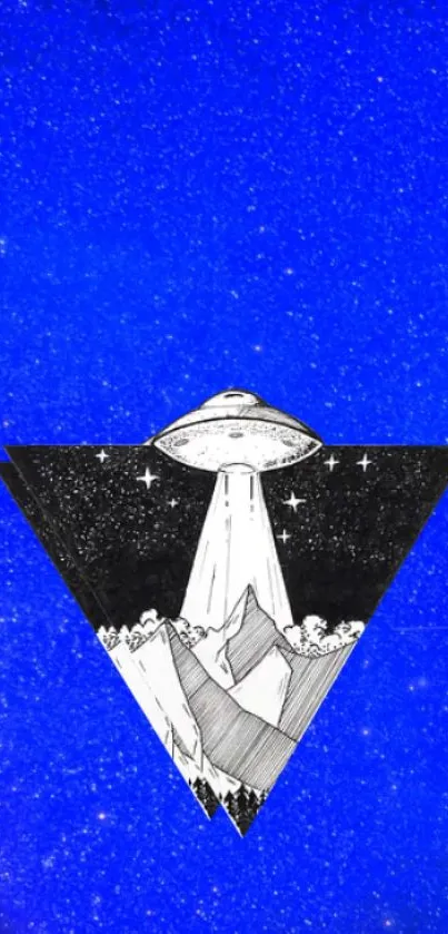 UFO above mountains in triangle on starry blue background.