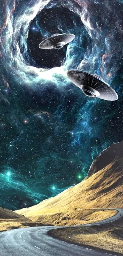 Surreal wallpaper with UFOs over a cosmic road.