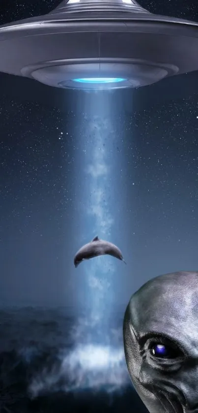 Surreal image of a UFO abducting a dolphin over a dark ocean under starry sky.