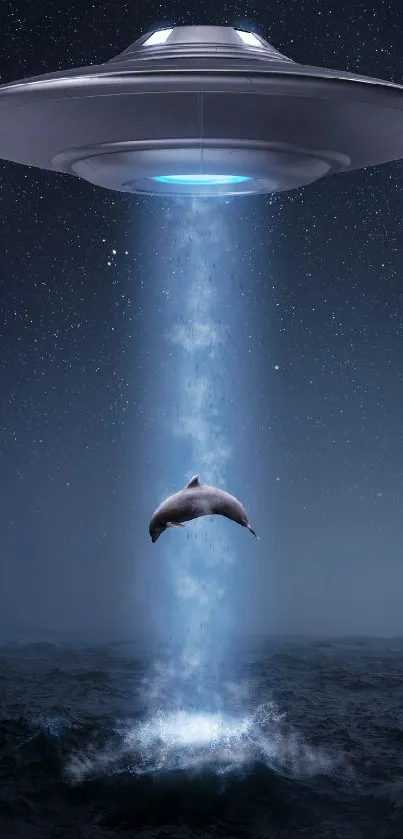Alien spaceship abducts dolphin over ocean at night.