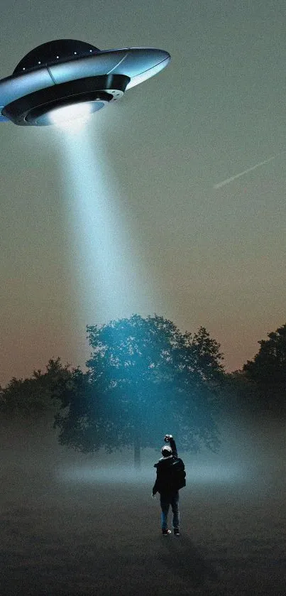 UFO hovers over misty forest creating an atmospheric night scene.
