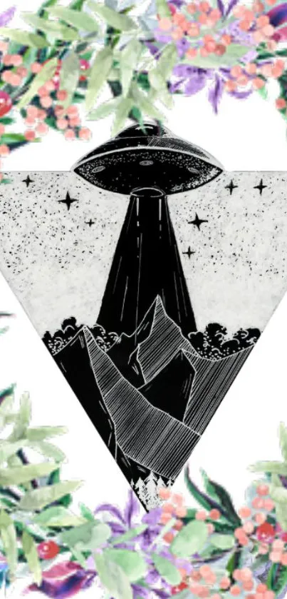 UFO shining on mountains with floral frame.