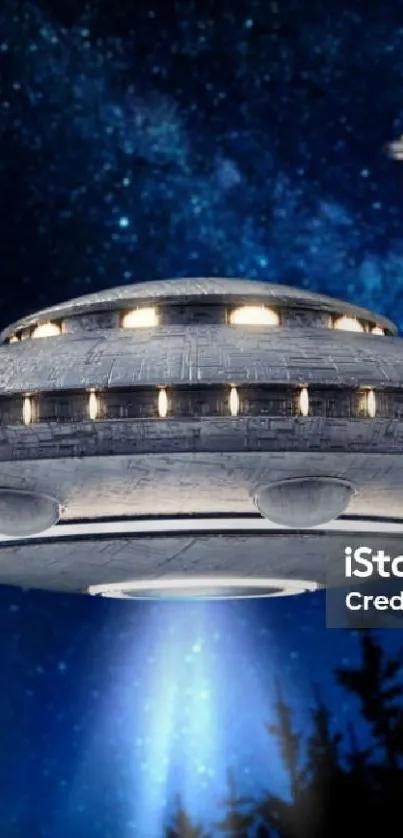 UFO spaceship hovering in starry night sky, set against a cosmic galaxy background.