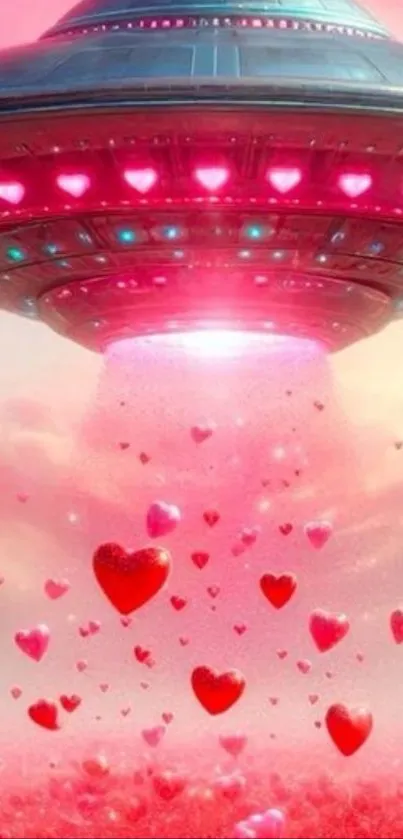 UFO with glowing hearts in pink sky wallpaper.