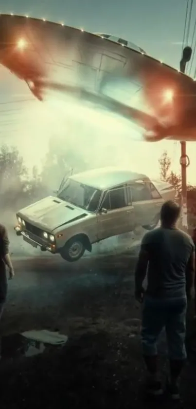 UFO hovers over vintage car with curious onlookers in dramatic scene.