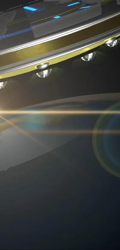 UFO hovers above Earth in space-themed mobile wallpaper.