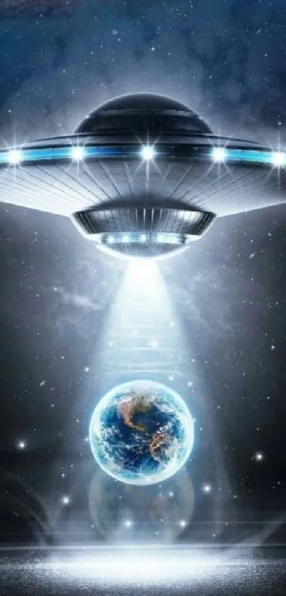 Futuristic UFO hovering over planet Earth, emitting light beams.