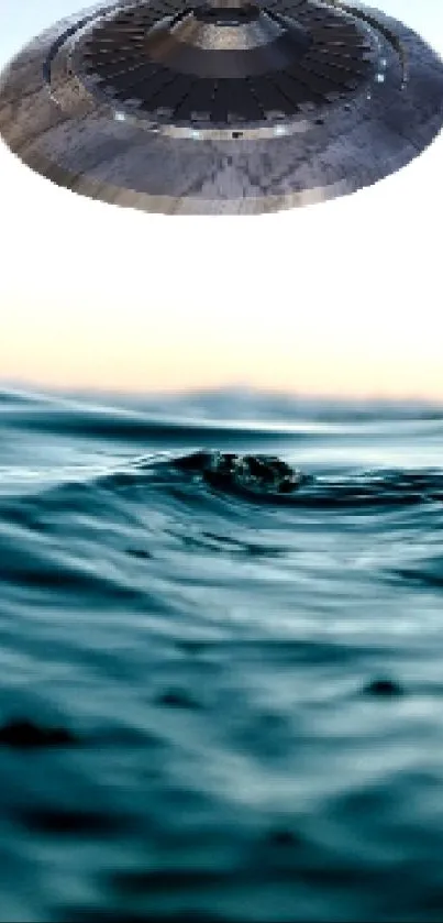 UFO hovering above ocean waves during sunset.