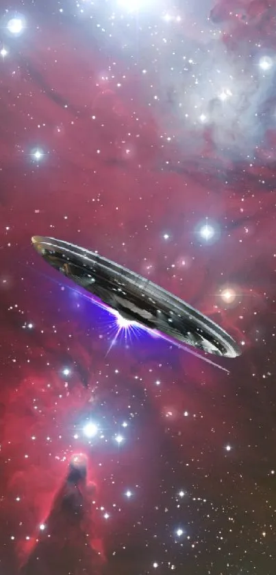 UFO gracefully glides through the vibrant, cosmic nebula filled with stars.