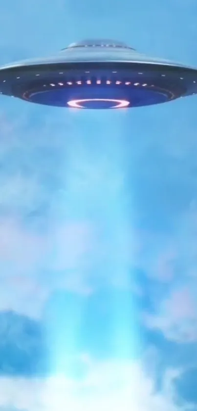 UFO hovering in a blue and pink sky with a beam of light below.