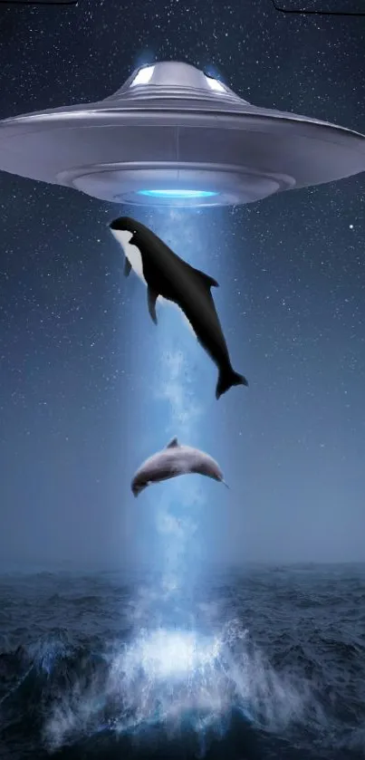 UFO lifting orca and dolphin over ocean at night.