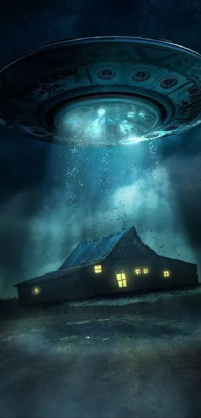 UFO hovering over a house under a starry night sky, emitting a blue glow.