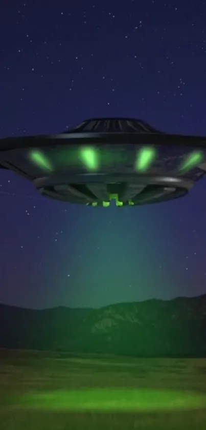 A UFO with a green glow hovering in a starry night sky.