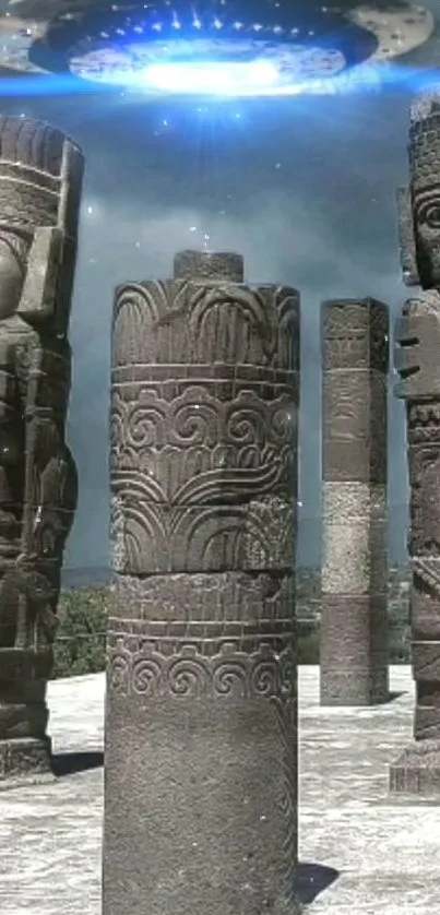 Stone statues with UFO in sky creating a mystical scene.