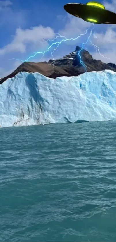 UFO hovers over icy glacier against a blue sky in this captivating wallpaper.