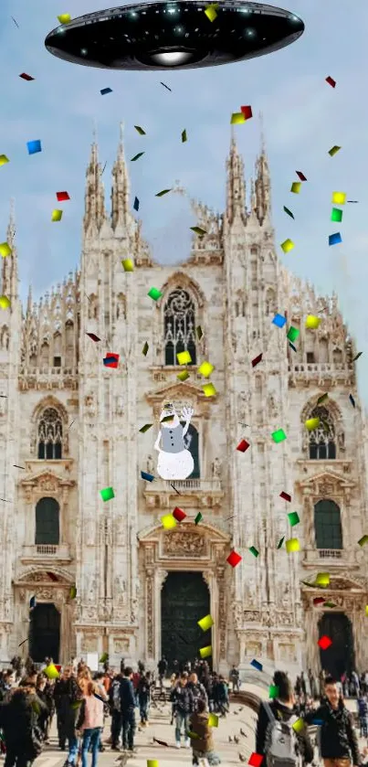 Surreal UFO scene over Milan Cathedral with colorful confetti.