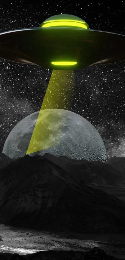 UFO and moon over dark mountainous landscape with glowing green beam.