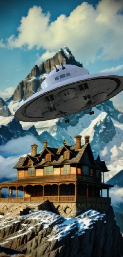 UFO hovering over mountain house with blue sky.