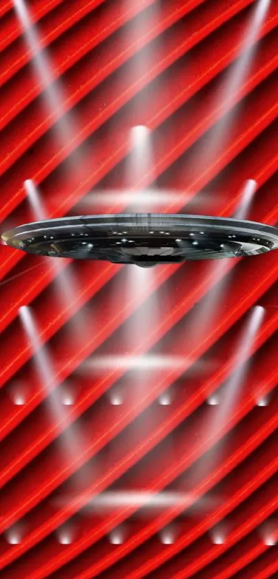 UFO hovering over bright red striped background.