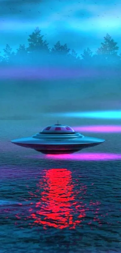 Mysterious UFO hovering over dark water with red reflection.