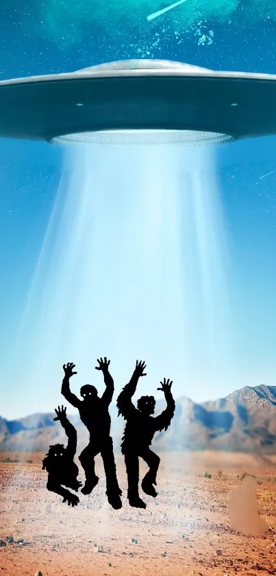 UFO and silhouettes in desert, sci-fi mobile wallpaper.