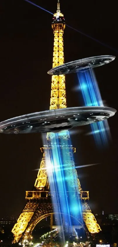 UFOs hovering over illuminated Eiffel Tower at night in Paris.