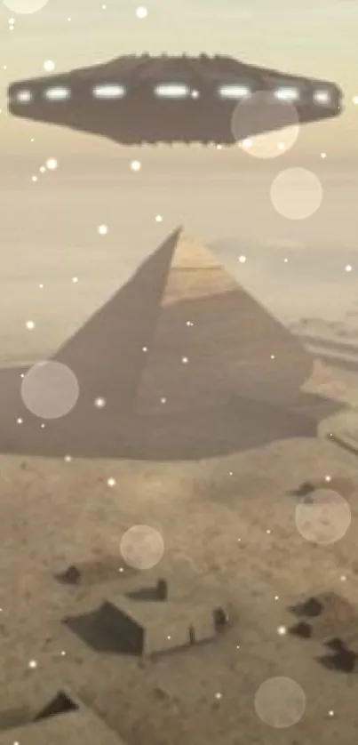 UFOs hovering over Egyptian pyramids in a desert landscape.