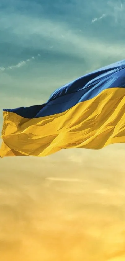 Ukrainian flag waving against blue and yellow sky with a bird flying.