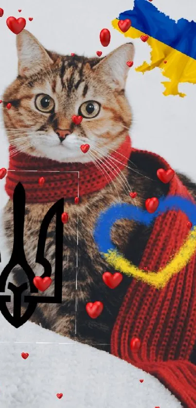 Cat in red scarf with Ukrainian symbols and heart.