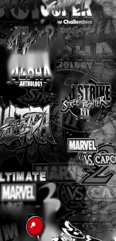 Monochrome collage of iconic fighter game logos on a mobile wallpaper.