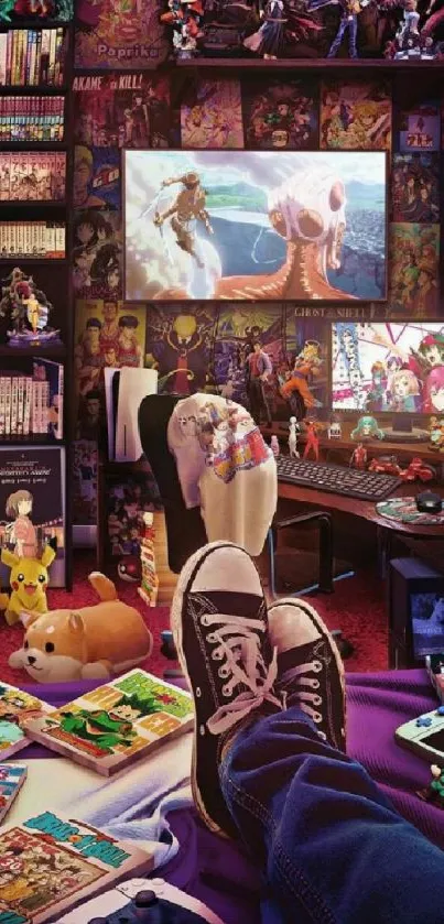 Vibrant anime gaming room with consoles, figures, and manga collection.