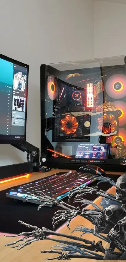 Gaming PC setup with vibrant RGB and skull-themed decor.