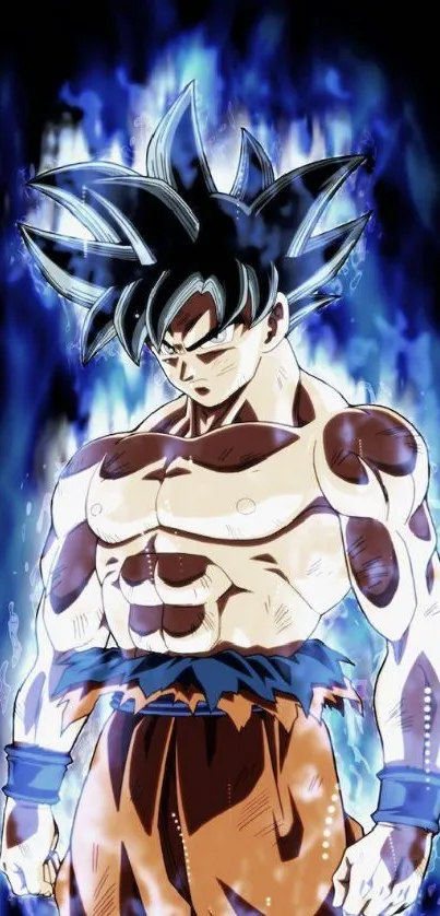 Anime Saiyan character glowing with blue energy aura wallpaper.