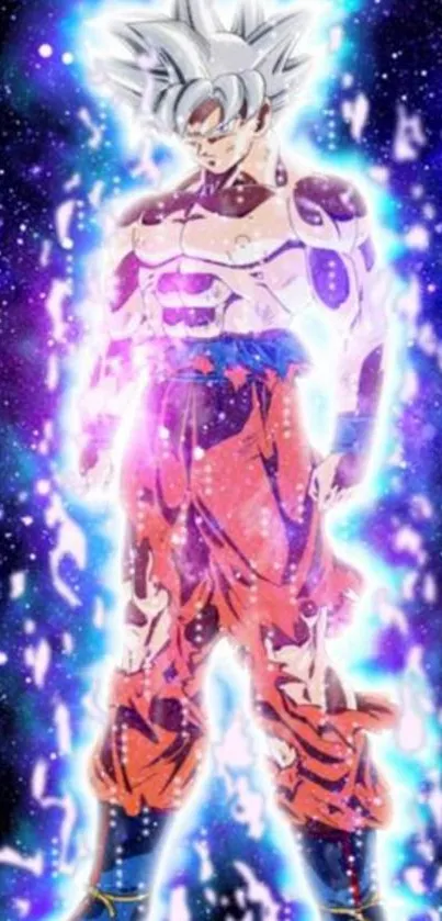 Anime character with Ultra Instinct aura in cosmic background wallpaper.