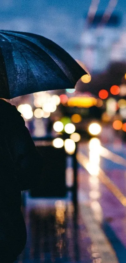 Rainy night scene with umbrella and city lights in bokeh background.