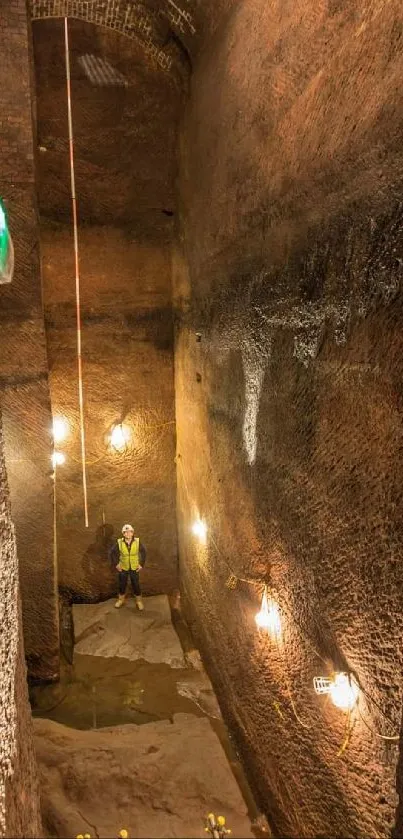 A person exploring an underground cavern with dim lighting and rocky walls.