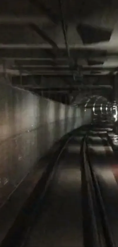 Dark underground tunnel with railway tracks.