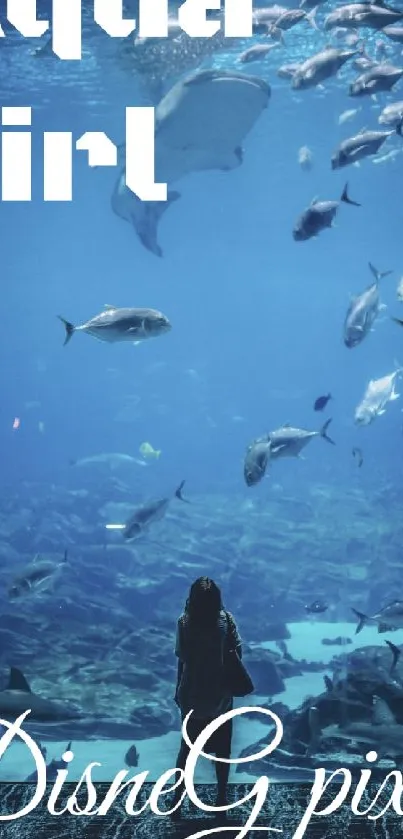 Aquarium wallpaper with fish and a girl gazing toward the underwater world.