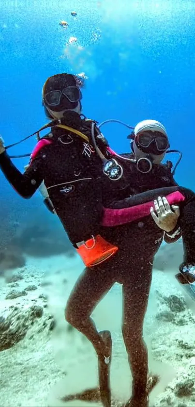 Two scuba divers explore underwater adventure in the ocean.